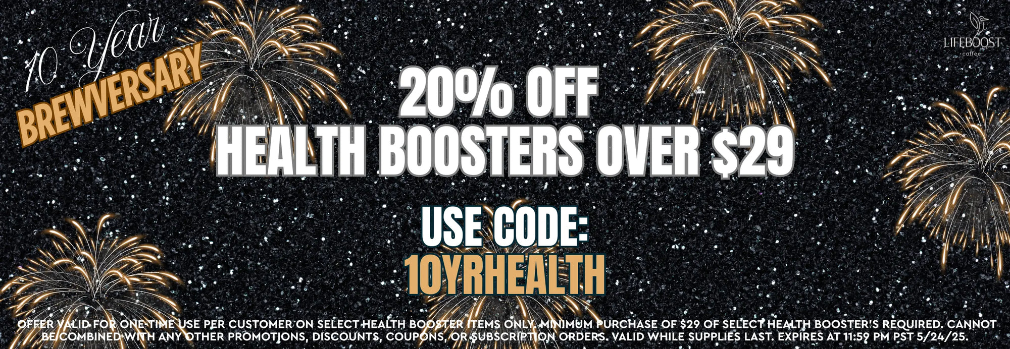 Promotional banner for a health booster sale with fireworks on a dark background