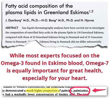 Excerpt of the study Fatty Acid Composition of the Plasma Lipids in Greenland Eskimos, with palmitoleic acid highlighted