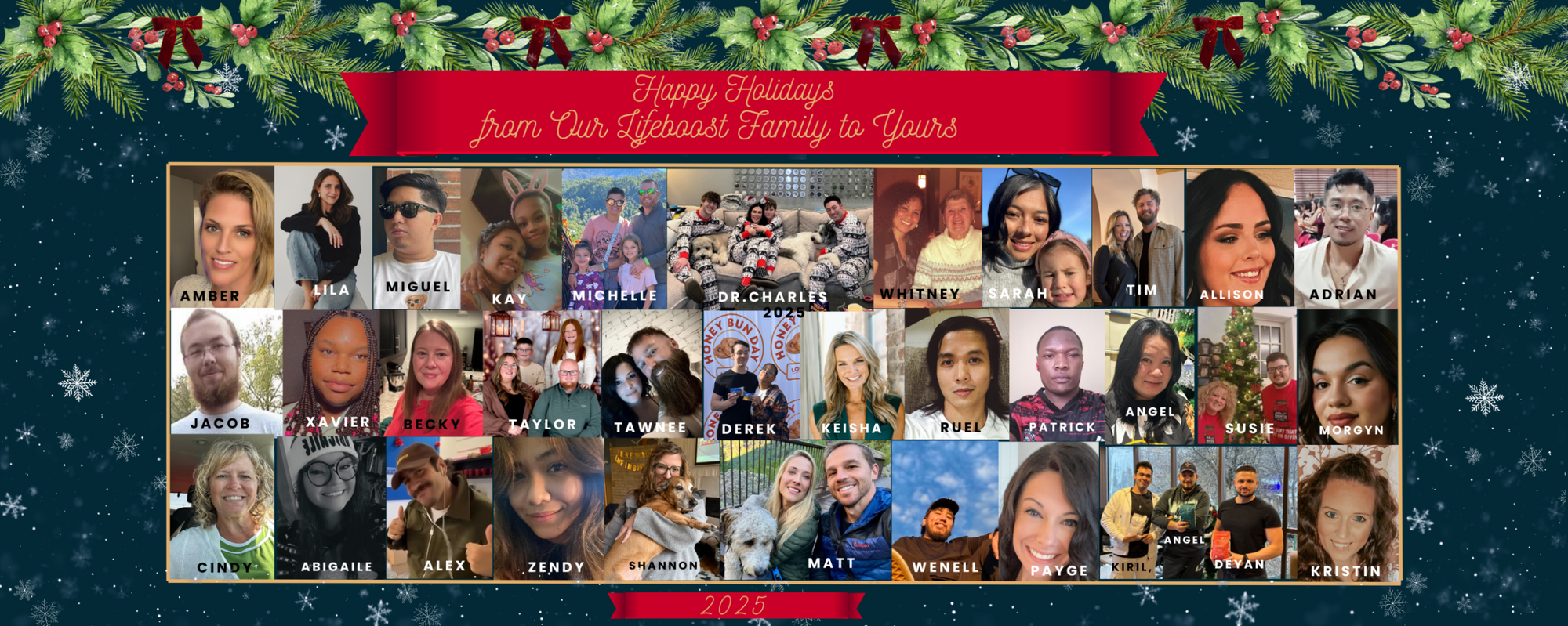 Holiday card with a collage of people and festive decorations on a blue background.