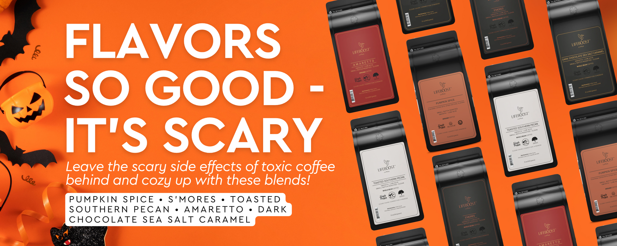Coffee packages with text on an orange background, promoting coffee blends.