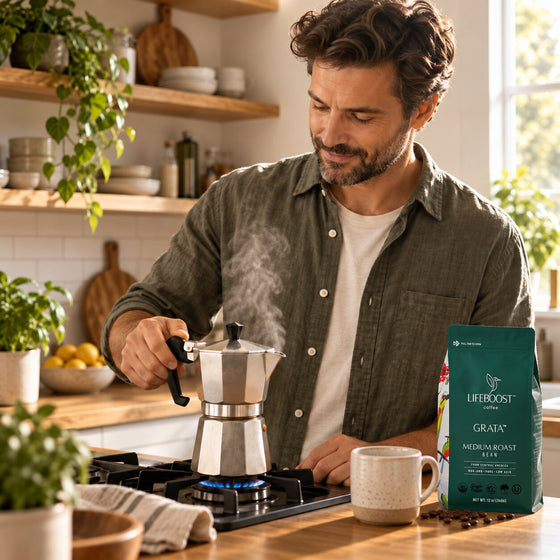 Man brewing with a moka pot at home